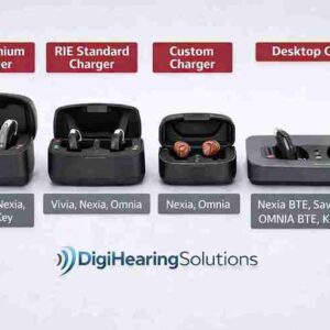 Four ReSound hearing aid chargers — RIE Premium, RIE Standard, Custom, and Desktop with compatability