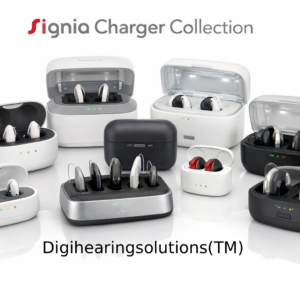 Signia Charger Collection showing Active IX, Styletto IX, Pure, Silk, Motion, and Multi chargers with hearing aids.