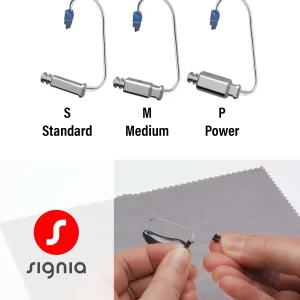 Signia MiniReceiver 3.0 S, M, and P power levels with receiver wire comparison and attachment demonstration; HP MiniReceiver also available